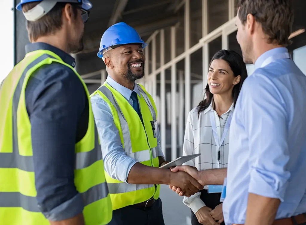 project safety manager shaking hands with business man for a construction project - central il - bloomington il