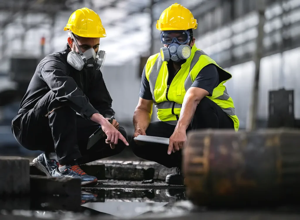 Hazard Identification & Mitigation - 2 Industrial workers pointing out a chemical leak - Central IL