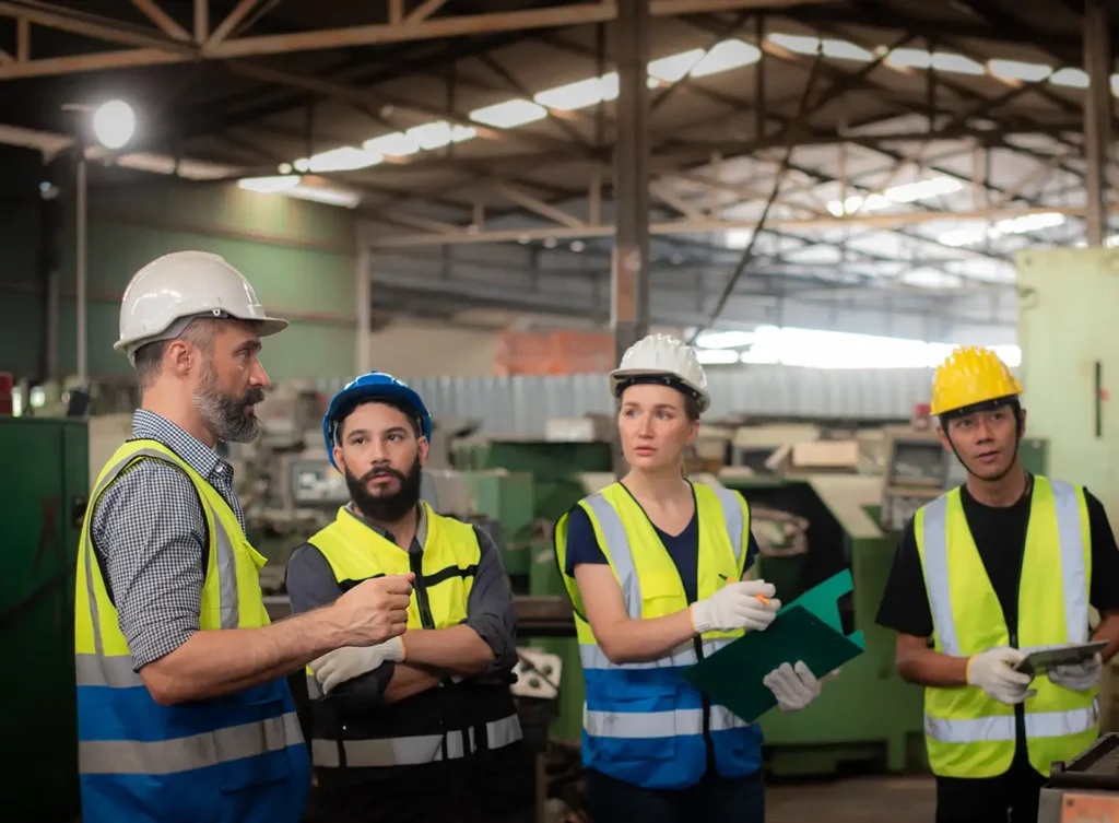 Safety expert going over procedures with fellow workers - central il