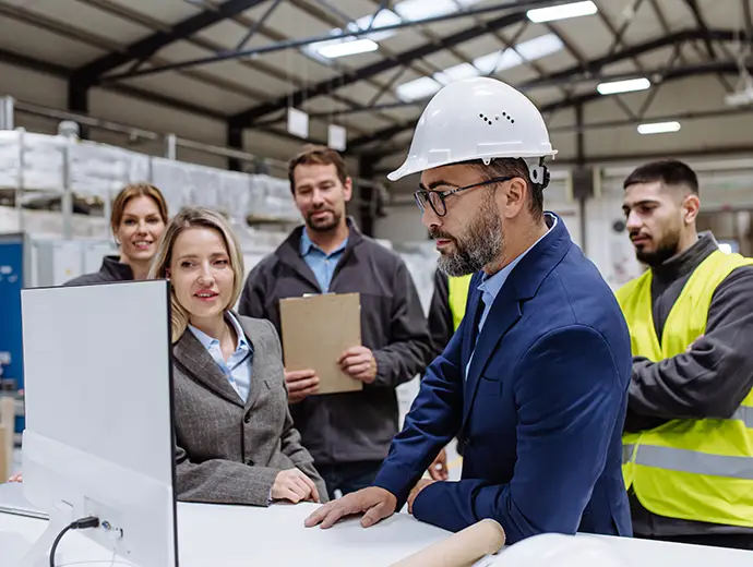 Manager presenting project to full team of warehouse employees on computer